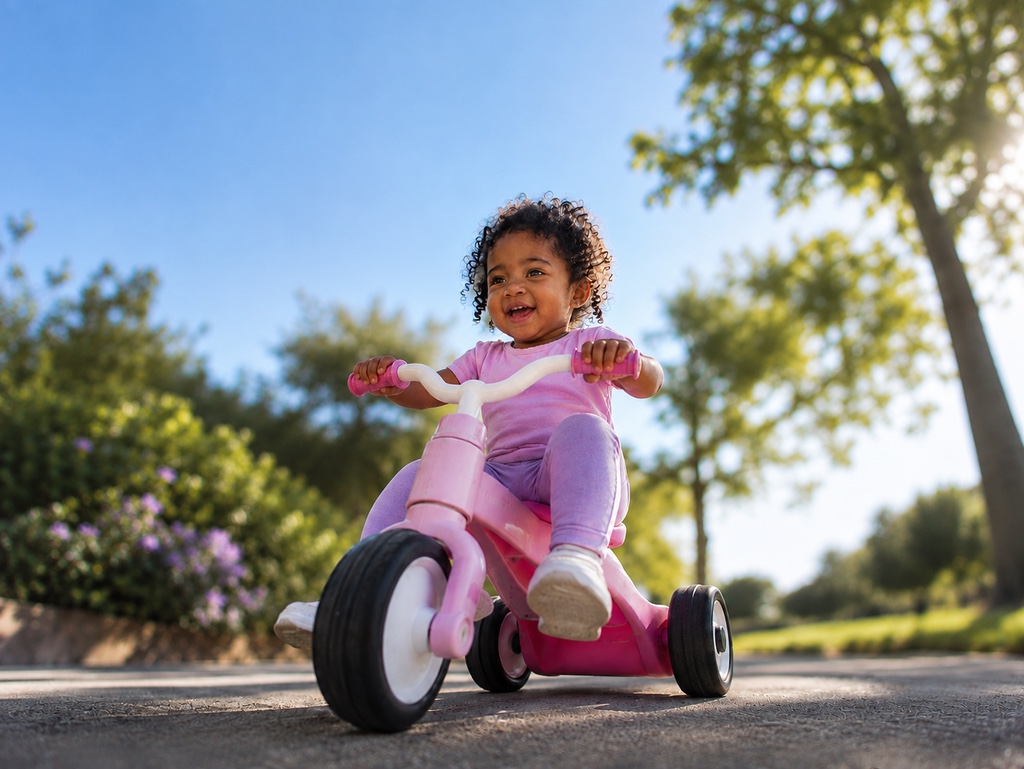 A toddler smiling while riding a pink tricycle on a sunlit path