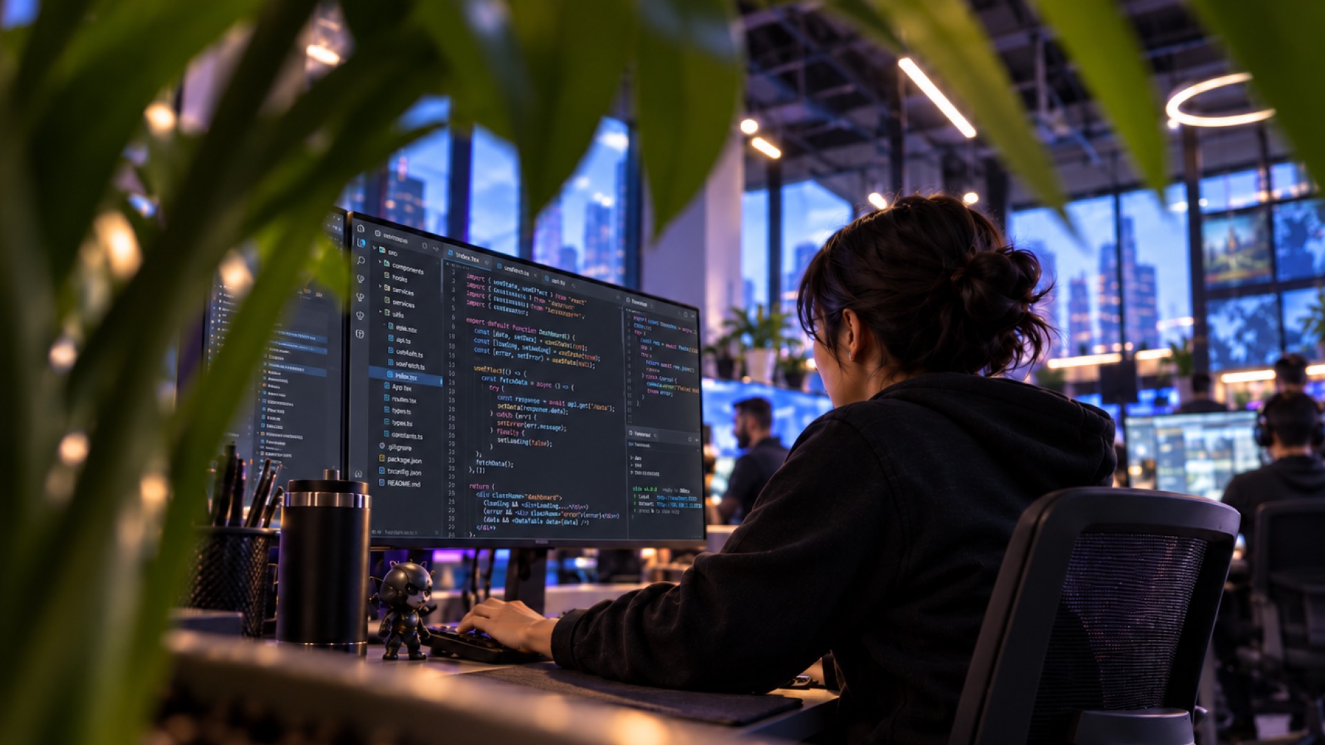 A software developer writing code at a desk in a plant-filled office